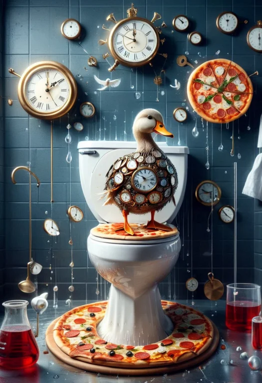 Duck Made Of Clocks Sitting On A Toilet, Pizza Flying, Water...