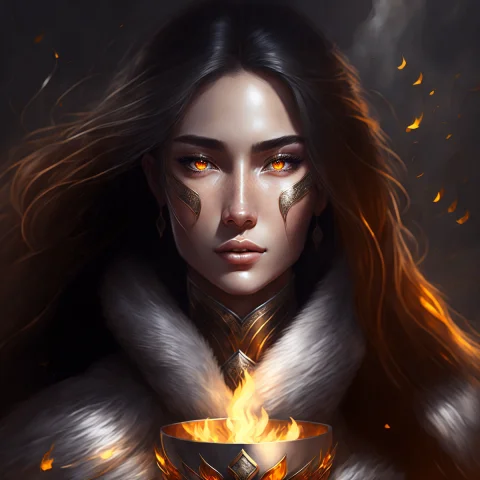 Woman In Fur Robesarmor10, With Burning Silver Cup, Long Bla... — Stable Diffusion AI Prompt: woman in fur [robes:armor:10], with burning silver cup, long black hair, glowing...