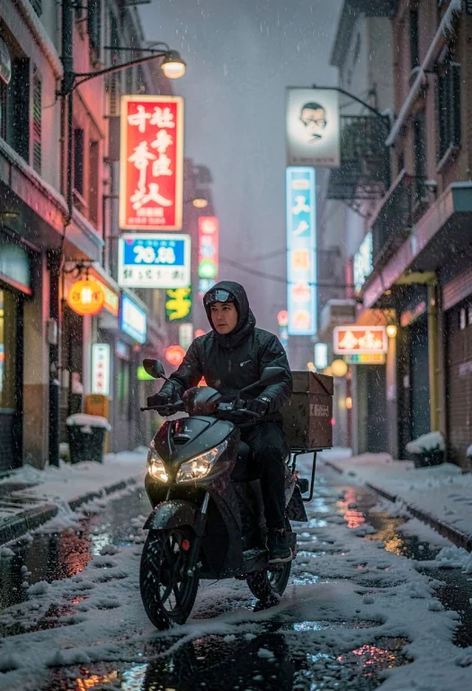 A Delivery Scooter Weaving Through Neon Streets, Low Key Lig...