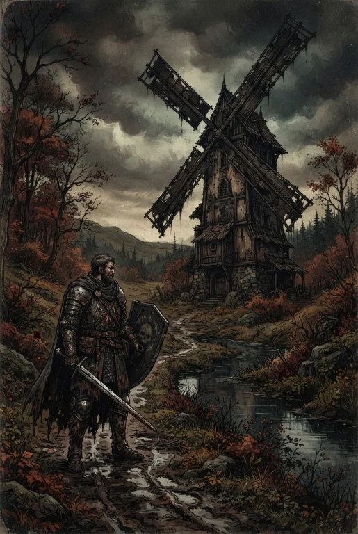 A Lone Knight In Dark Plate Armor And Chainmail Stands On A...