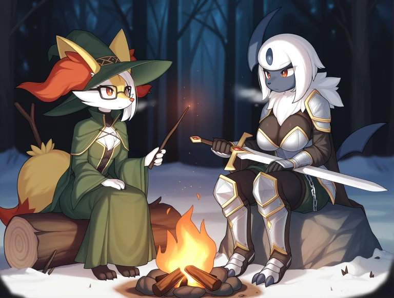 Braxien The Wizard And Absol The Knight Sit Around The Campf...