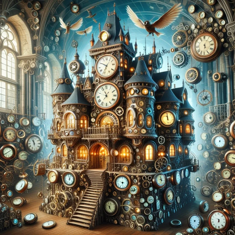 A Giant Flying Castle,walls Made Of Clocks And Clockwork
