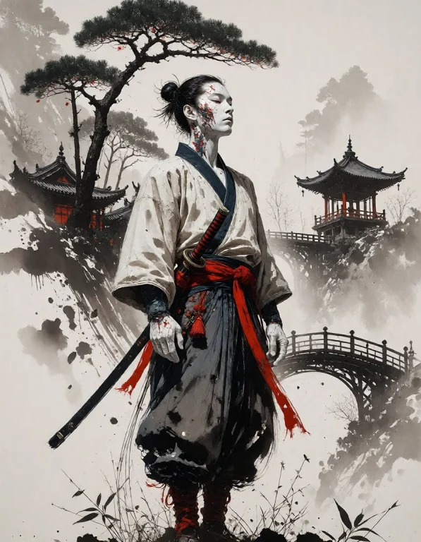 A Samurai Standing Beneath Sparse Pines And Drifting Fog, Wi...