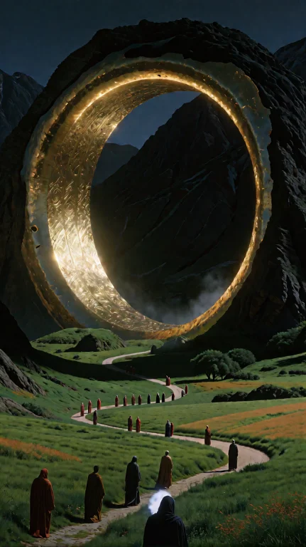 A Colossal, Golden Ring Dominates The Landscape, Its Surface...