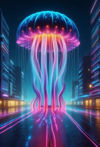 Led, Colorful Led Lights, Giant Glowing Neon Jellyfish Made... — SDXL AI Prompt: LED, colorful LED lights, giant glowing neon jellyfish made of LED strips floati...