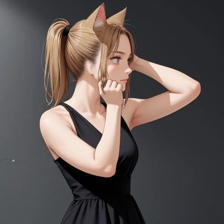 Cat Girl, Ponytail, Adjusting Hair, Earless Woman, Black Dre...