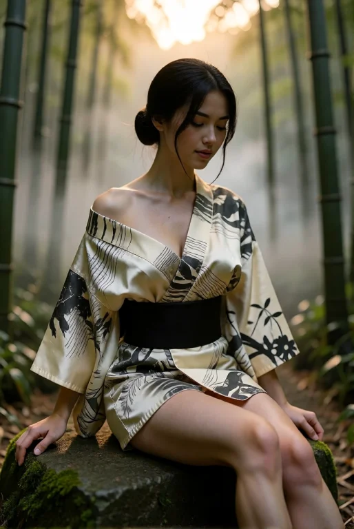A Young Woman Sits On A Mossy Stone In A Misty Bamboo Forest...