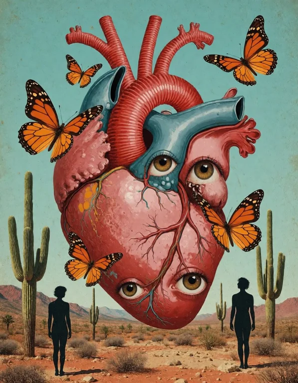 Surreal Collage, Anatomical Heart, Desert Landscape, Floatin...