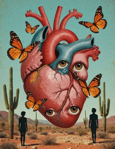 Surreal Collage, Anatomical Heart, Desert Landscape, Floatin... — Stable Diffusion AI Prompt: surreal collage, anatomical heart, desert landscape, floating eyes, butterflies,...