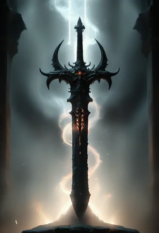 An Ethereal Demon Sword With A Black Misty Aura Surrounding... — SDXL AI Prompt: An ethereal demon sword with a black misty aura surrounding it. In an altar to t...