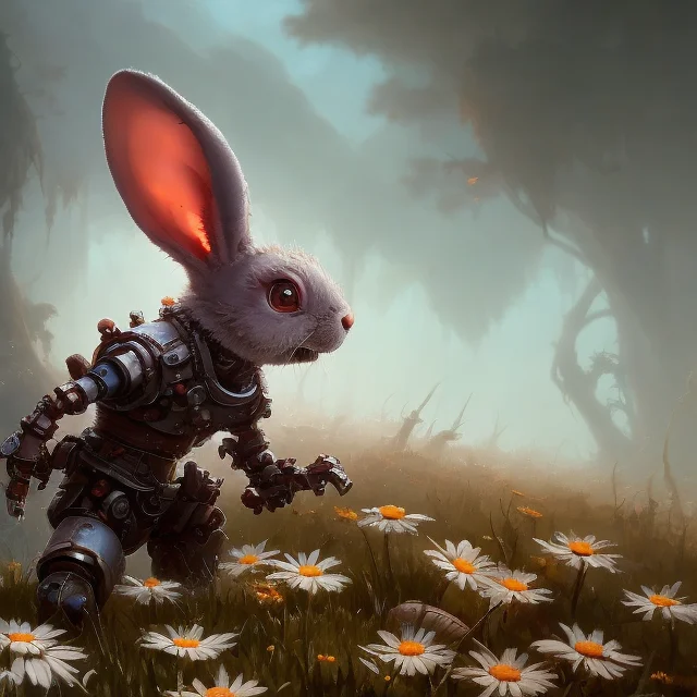 Low Angle Close Up Shot Of A Rusty, Broken Robot Rabbit Over...