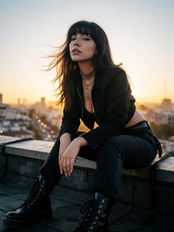 Sunset Cinematic Portrait Of A Woman Sitting On The Edge Of...