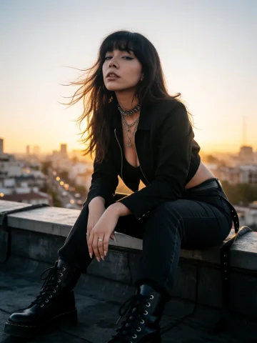 Sunset Cinematic Portrait Of A Woman Sitting On The Edge Of... — Stable Diffusion AI Prompt: Sunset cinematic portrait of a woman sitting on the edge of a rooftop overlookin...