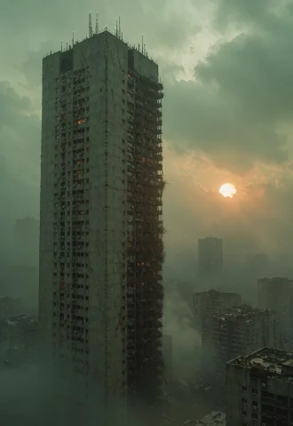 This Is A The Image Features A Tall, Rectangular, Concrete H... — Stable Diffusion AI Prompt: This is a The image features a tall, rectangular, concrete high-rise building on...