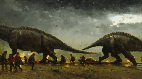 The Filming Of Jurassic Park, Huge Tyrannosaurus Rex Prawlin... — Stable Diffusion AI Prompt: The filming of Jurassic Park, huge Tyrannosaurus Rex prawling in the front, fami...