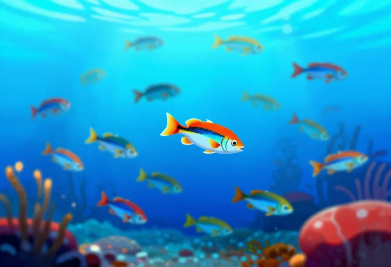 A School Of Fish Turning In Bright Shallows, Fantasy Illustr...