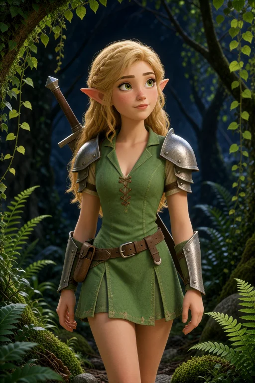 A Female Elf Warrior Standing In A Dark Magical Forest And L...