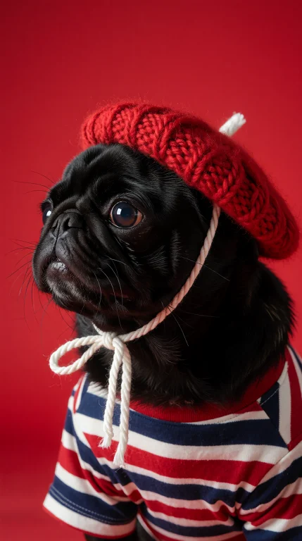 A Close-up Profile Portrait Of A Black Pug Dog Facing Left A...