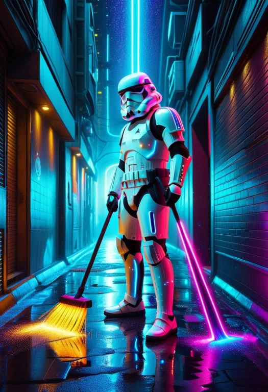 A Depressed Stormtrooper Using A High-tech Broom To Sweep Up...