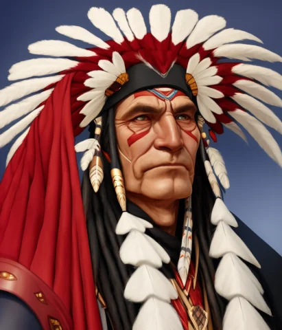 Close Up Of An Old Native American Chief With A Large Native... — Stable Diffusion AI Prompt: (close up of an old native american chief with a large Native American Warbonnet...