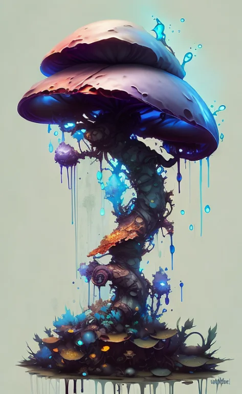 Inkpunk. A Drippy Inkcap Mushroom. Highly Detailed. Low Angl...