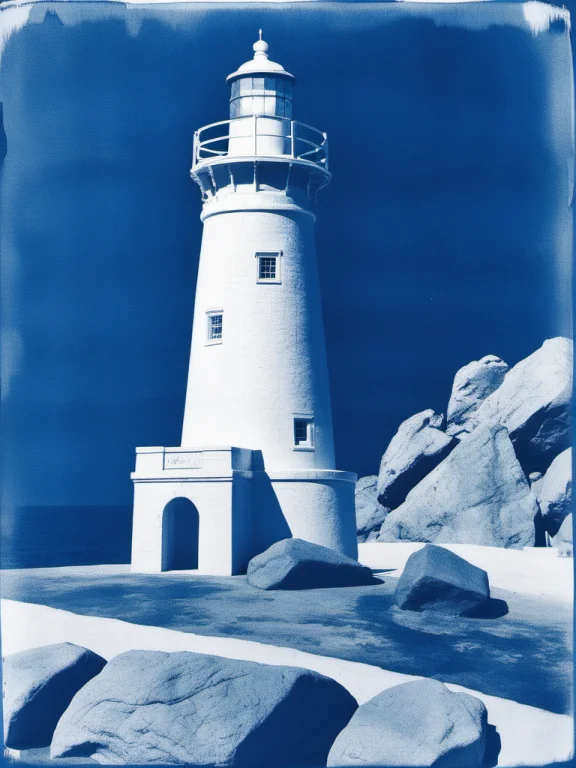 Cyanotype, A Tall Lighthouse On A Jagged Sea Cliff, Spiral S...