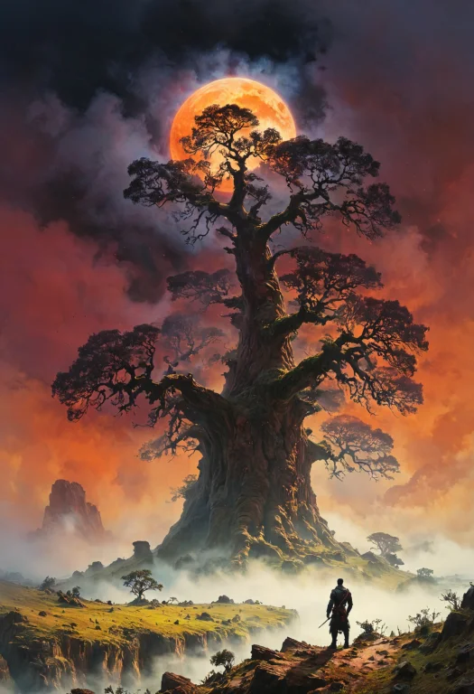 Old Tree, Lonely Giant Tree, Fog, Mist, Enchanting Landscape...
