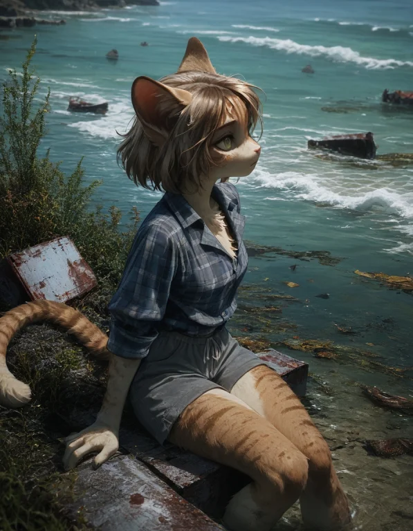 Furry Anthro,cat Girl, Gray Shorts, Blue Plaid Shirt, Tan Fu...