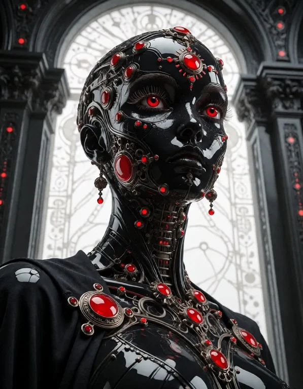 A Porcelain-skinned Techno-oracle With Lacquer-red Accents A...