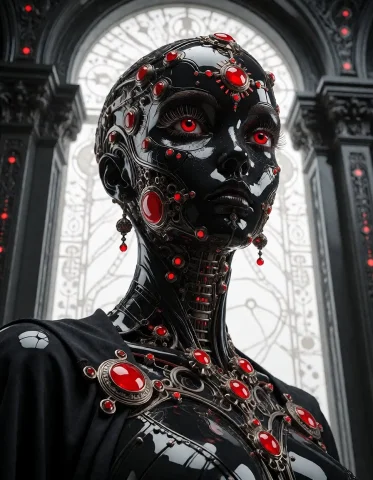 A Porcelain-skinned Techno-oracle With Lacquer-red Accents A... — Stable Diffusion AI Prompt: a porcelain-skinned techno-oracle with lacquer-red accents and hypnotic symmetry...