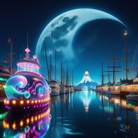 Led, Colorful Led Lights, The Moon Is A Giant Neon Aquarium... — SDXL AI Prompt: LED, colorful LED lights, the moon is a giant neon aquarium floating above a fut...