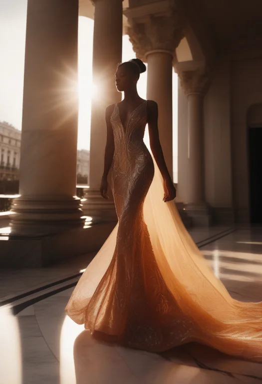A Couture Dress Trailing Across A Marble Floor, Sunset Backl...