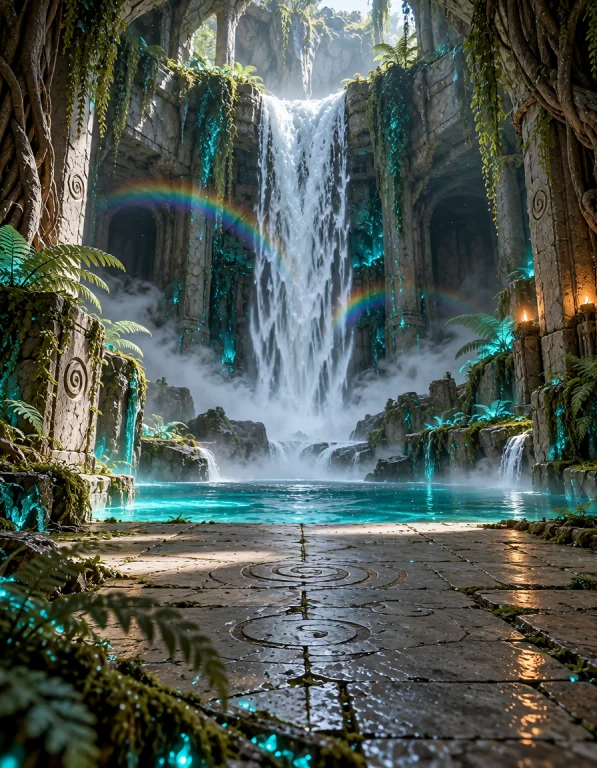 3xpl0r3 Dung30n, Photorealistic, A Colossal Fey Waterfall Gr...