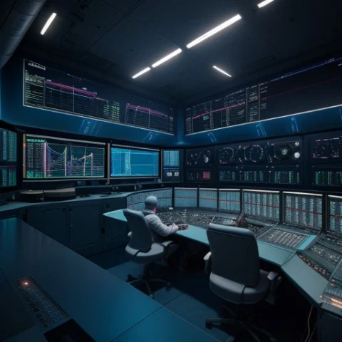 A Control Room Overlooking A Fusion Reactor Core, Physically... — Stable Diffusion AI Prompt: a control room overlooking a fusion reactor core, physically based render, blue...