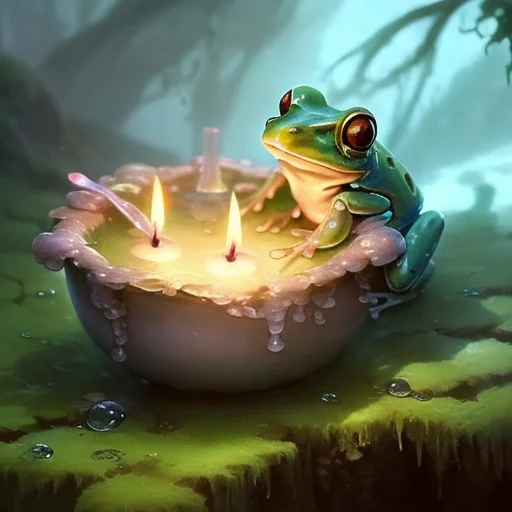 A Bowl Of Water With Small Candles Floating In It. A Tiny Fr...