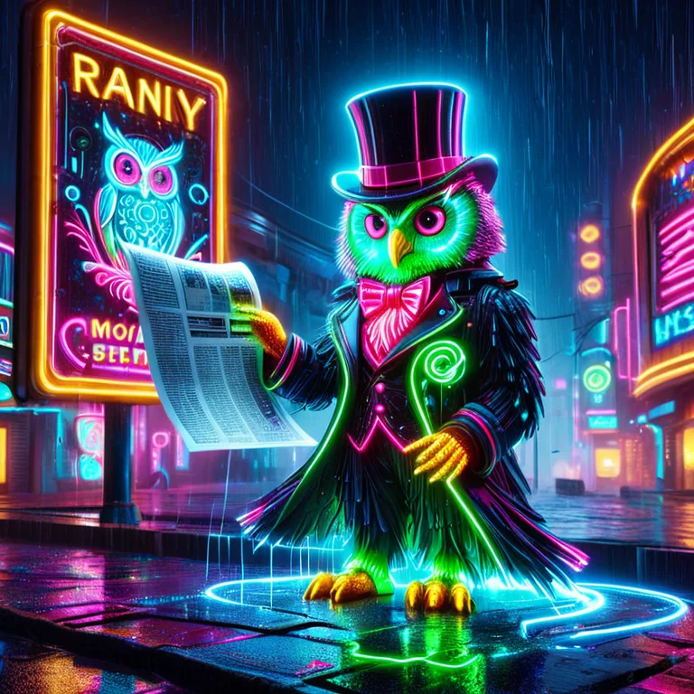 An Owl Wearing A Monocle And Top Hat Perched On A Neon Sign...