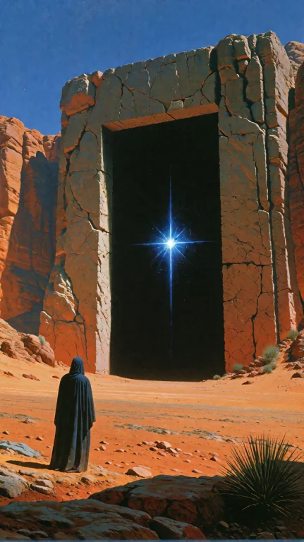 Low-angle Wide Shot From Behind A Solitary Cloaked Figure St...
