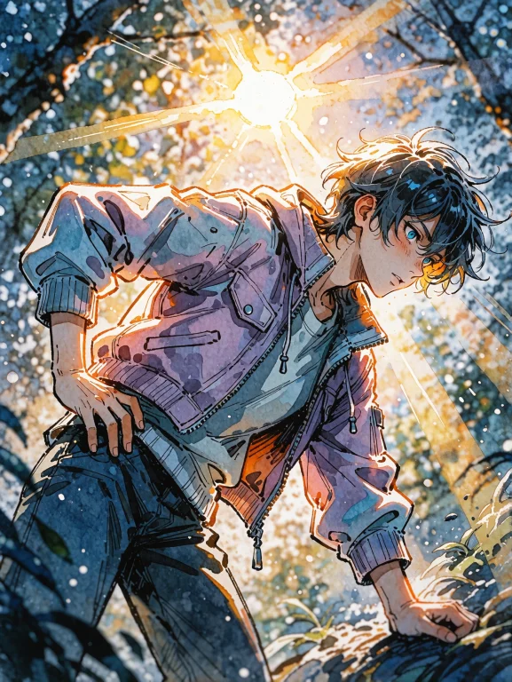A Detailed Watercolor Illustration Of A Cool Anime Hero Wear...