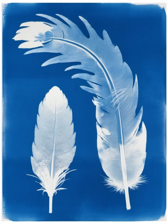Cyanotype,a Collection Of Intricate Bird Feathers Arranged I...