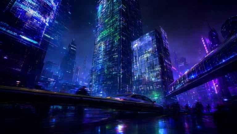 The Image Is A Wide Cyberpunk Wallpaper Of A Neon-drenched F...