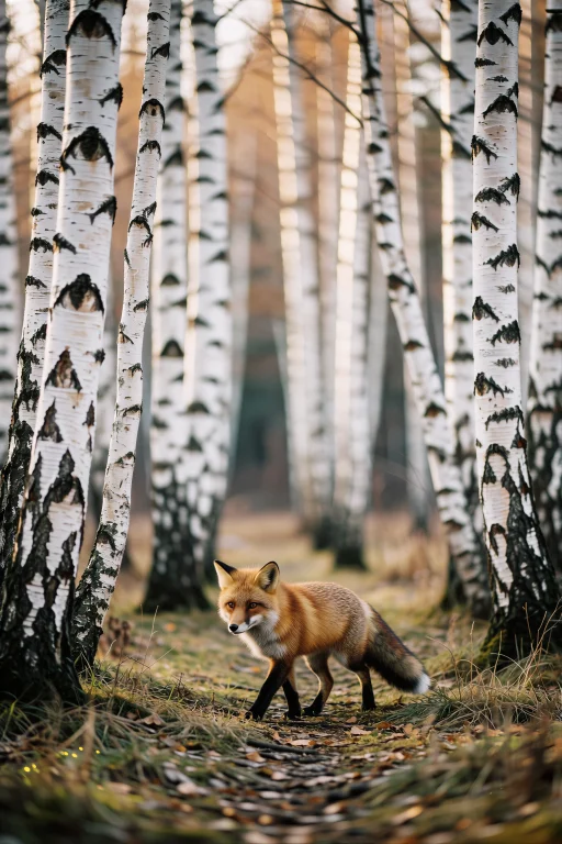 Fox Walking Through A Birch Forest, Soft Natural Light, Whit...
