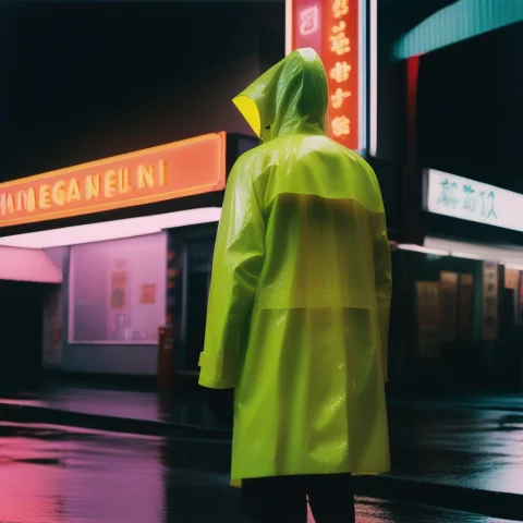 A Raincoat Glowing Under Wet Neon Signage, Film Photography,... — SDXL AI Prompt: a raincoat glowing under wet neon signage, film photography, overcast light, sho...