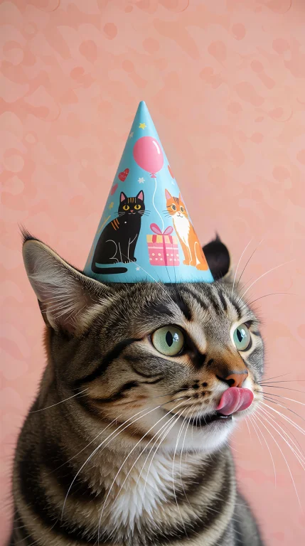 Brown Tabby Cat In Profile Facing Right With Small Pink Tong...