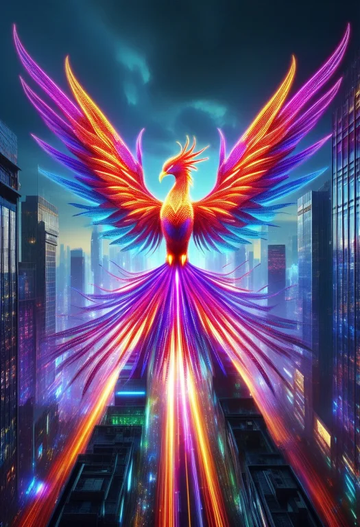 A Gigantic Mechanical Phoenix Rising Dramatically From A Fut...