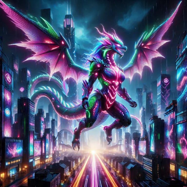 Colorful Led Lights, Heroic Female Dragon Rider Flying Above...