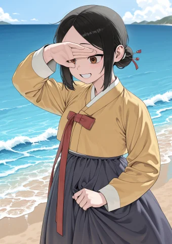 1girl, Solo, One Hand Shielding Eyes From The Sun, Standing... — Stable Diffusion AI Prompt: "1girl, solo, one hand shielding eyes from the sun, standing on a sandy beach, o...