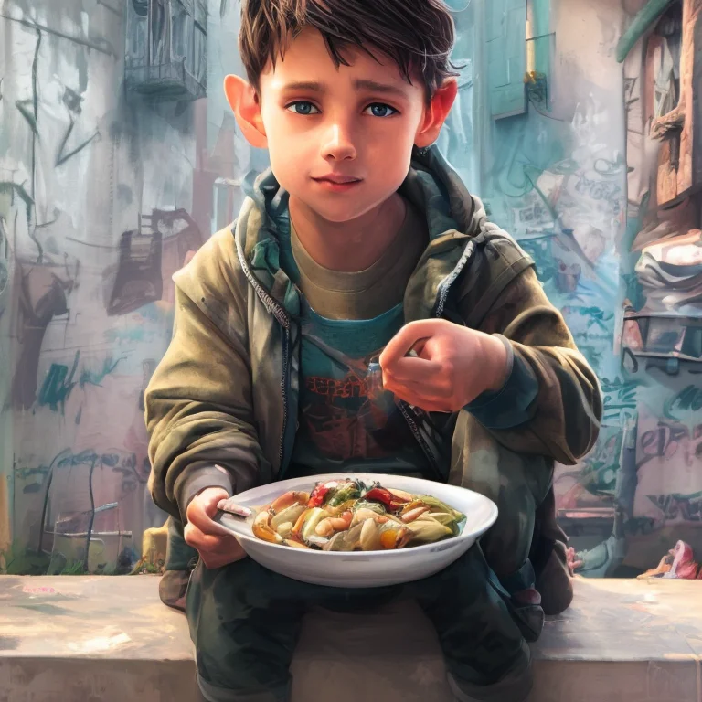 Portrait Of Homeless Kid Eating Soup Infront Of A Graffiti S...