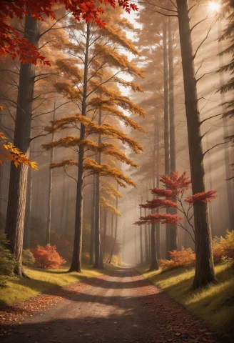 Dense Forest With Orange And Red Autumn Trees. Thick Golden... — Stable Diffusion AI Prompt: Dense forest with orange and red autumn trees. Thick golden fog filling the spac...