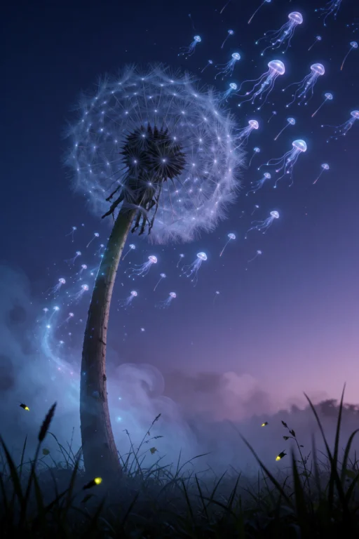 A Colossal Dandelion Standing Vertically In A Misty Meadow A...