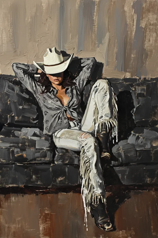 Highleveldescriptionimpasto Oil Painting Of A Modern Cowgirl...